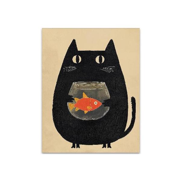 【並行輸入品】 Minimalist Caught in the Act Cute Cat Holding Fishbowl Illustration 11x14 Unframed Poster, Quirky Black Cat Wall Art, Funny ＆ Whimsica