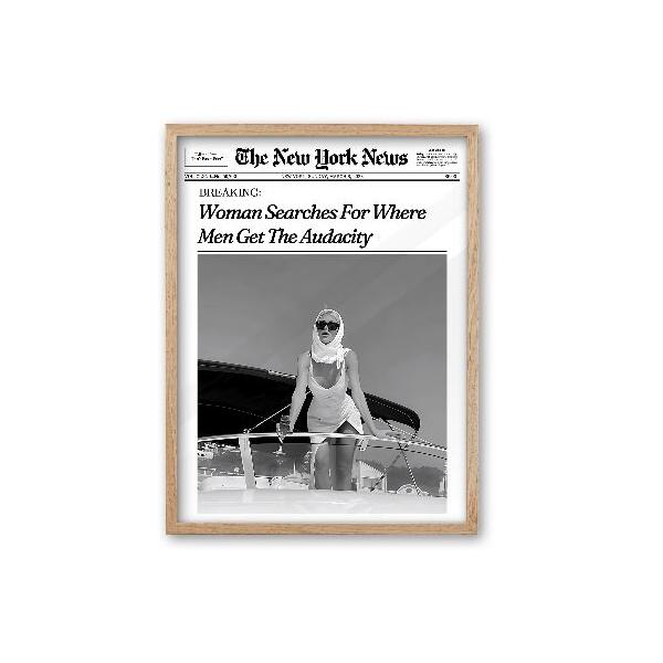 【並行輸入品】 iHery Woman Searches For Where For Men Get The Audacity Newspaper Headline フレーム入りウォールアート、ナチュラルオークウッドトレンディ