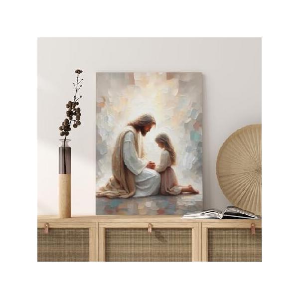 【並行輸入品】 額入り イエス クリスチャン 宗教 キャンバス ウォールアート、イエスと少女 祈り 絵画 絵画 壁装飾 キリスト教 聖書 ストーリー ポスター