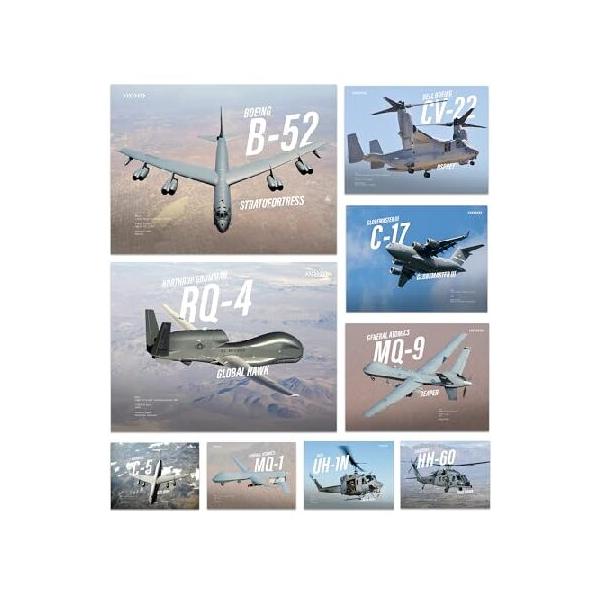 【並行輸入品】 Wallbuddy モダン軍用機 ポスター9枚セット | 航空ウォールアートプリント 米国空軍 ジェットヘリコプターとドローン 装飾 | パイロット用戦術戦