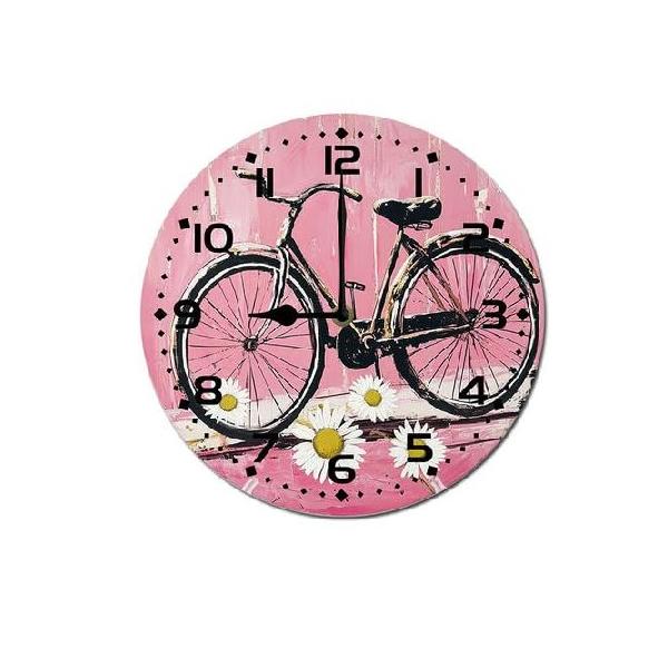 【並行輸入品】 ZXCXRQFa Bicycle Daisy Round Wood Wall Clock, 10 Inch Battery Operated Analog Quiet Desk Clock for Home,Kitchen,Office,School,Bathroom