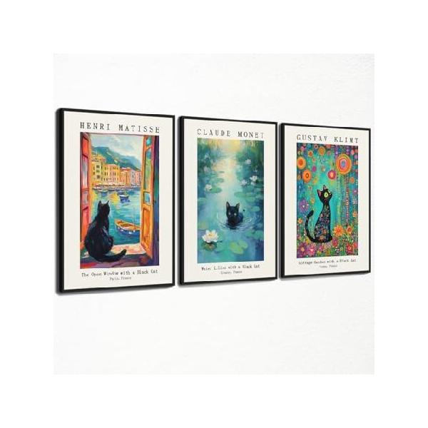 並行輸入品】 猫キャンバスウォールアート、3ピース 有名な油絵の黒猫