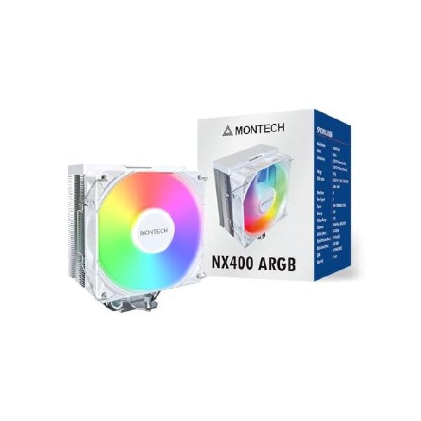 【並行輸入品】 MONTECH NX400 ARGB - CPUクーラー、シングルタワー、4つの高度なヒートパイプ、52フィンヒートシンク、E28、120mm FDB静圧ファン、ファンの厚さ