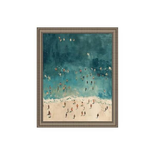 【並行輸入品】 ビンテージフレーム付きビーチウォールアート 青い海で泳ぐ小さな人々 キャンバスプリント 夏の壁の装飾 ミニマリスト 海景油絵 ホームオフィス