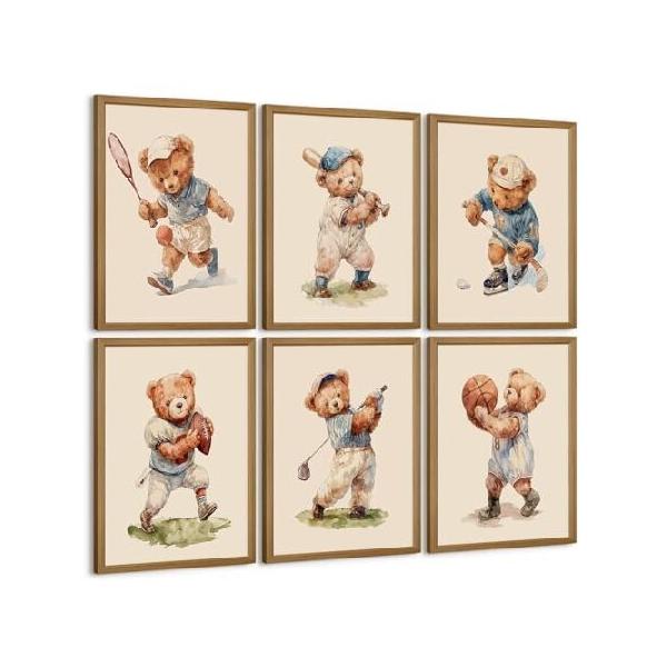 【並行輸入品】 Nursery Bear Wall Art Boy Sports Canvas Wall Decor Baby Nursery Prints Vintage Teddy Bear Poster Boy Room Wall Art Kids Animal Pictures
