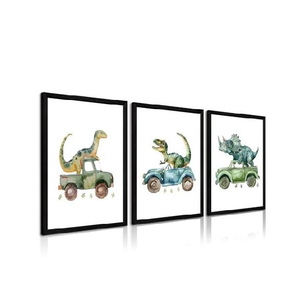 【並行輸入品】 Dinosaur Nursery Wall Art Kids Canvas Poster Baby Boy Nursery Wall Decor Green Dino Pictures Toddler Prints Cartoon Dino Car Painting B