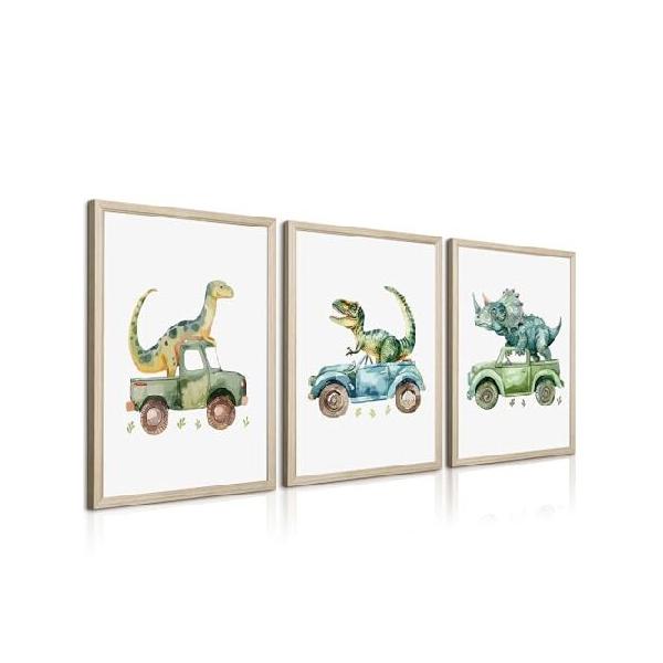 【並行輸入品】 Dinosaur Nursery Wall Art Kids Canvas Poster Baby Boy Nursery Wall Decor Green Dino Pictures Toddler Prints Cartoon Dino Car Painting B