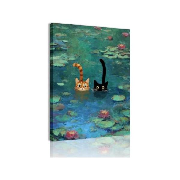 猫 絵画 青 原画 現代アート ドローイング アクリル 印象派 具象 動物 並行輸入品】 おもしろ猫キャンバスウォールアート モネ 印象派 睡蓮