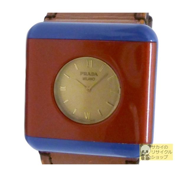PRADA メンズ腕時計/ボーイズ腕時計 スクエア 樹脂（レッド×ブルー）×SS×レザー クオーツ マットゴールド文字盤