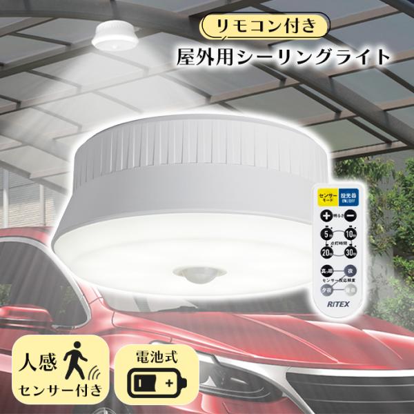 センサーライト 屋外用 シーリングライト リモコン カーポート 防雨 乾電池 RITEX