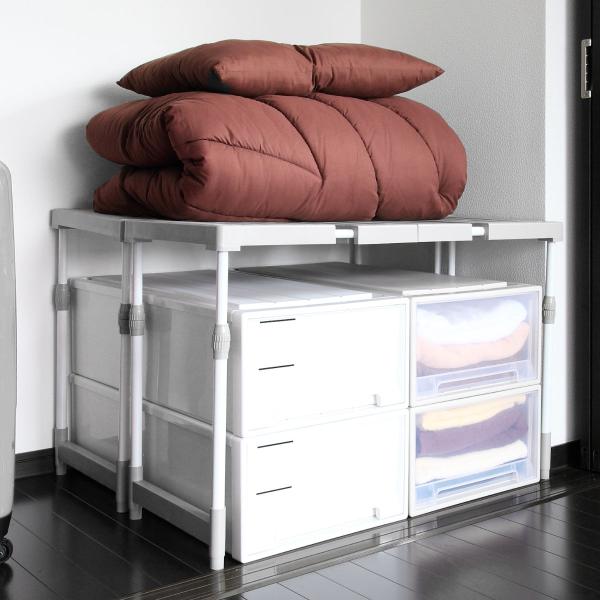 サイズ/最大外寸：約幅76〜93×奥行37×高さ48〜80cm棚下寸法：約幅69〜86×高さ41〜75cm※1台あたりのサイズ重量/約2kg内容量/2台入り材質/棚本体・パイプ内ストッパー部品・補強脚部：ポリプロピレンパイプ：スチール生産国...