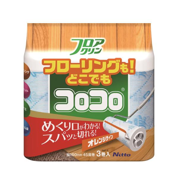 サイズ/約幅16cm×45周巻内容量/3巻入材質/テープ：特殊すじ塗り粘着加工紙オレンジライン：ポリプロピレン生産国/日本製●コロコロのスペアテープ3巻入りです。●オレンジライン入りでめくり口がすぐわかり、簡単にスパッと切れます。●フローリ...