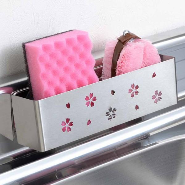 売り切れ   スポンジラック 桜 台所 かわいい桜型抜きデザインのスポンジ置き☆ スポンジホルダー スポンジラック 桜 ステンレス製 日本製 （ スポンジ