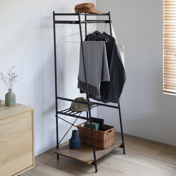 〇ハンガーラック BK ブラック スチールと木板がかっこいい幅60cm