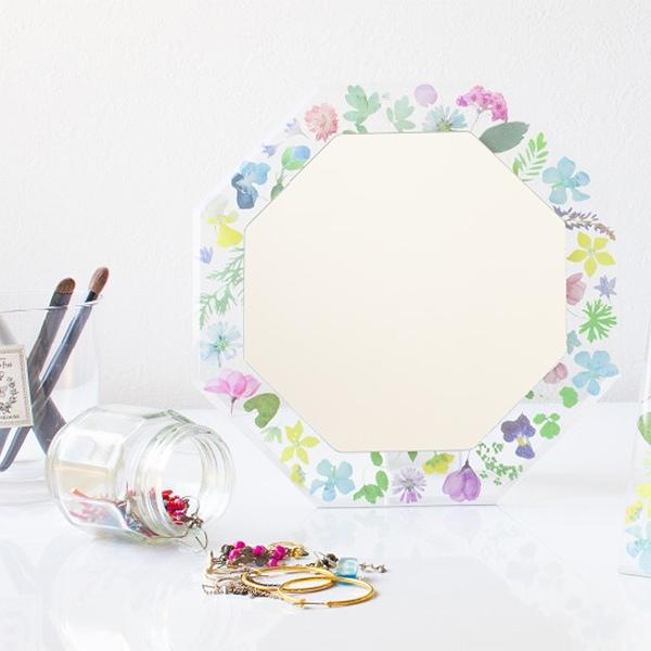 八角ミラー 幅21cm ウォールミラー スタンドミラー 花柄 壁掛け 卓上