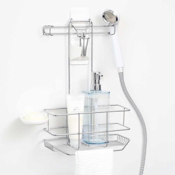 サイズ/約幅26×奥行14×高さ39.5cm重量/約685g内容量/1個材質/本体：鉄石けん皿：ポリプロピレン（耐熱温度100度）保護キャップ：塩化ビニル樹脂クロムめっき＋クリアエポキシ樹脂塗装生産国/中国製耐荷重/3ｋｇ●シャワーまわりに...