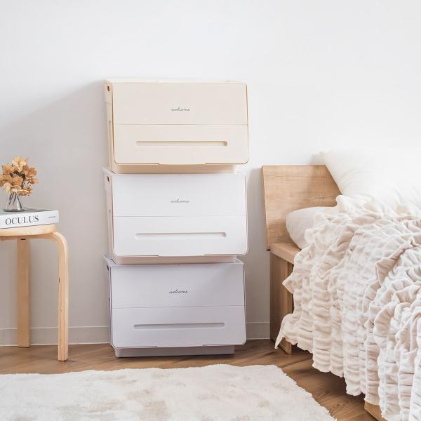 サイズ/約幅44.5×奥行34×高さ31cm重量/約1.07kg内容量/1個材質/本体、蓋、バー：ポリプロピレン種類/アイボリー、ピンク、グレー生産国/日本製キャスター/なし（別売り）スタッキング/可能耐荷重/4kg天板耐荷重/2kg以内組...