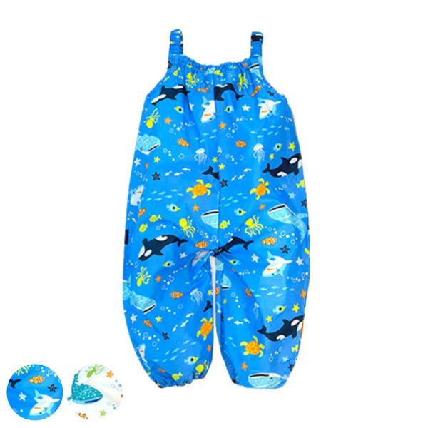 サイズ/対応身長：90〜100cm股上49cm、股下28cm、身巾：45cm内容量/1着付属品：収納袋材質/ポリエステル100％種類/ブルー、オフシロ●海の生き物たちが描かれた撥水加工生地のプレイウェアです。●90〜100cmサイズです。●...