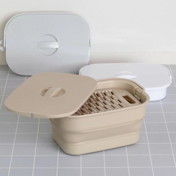 サイズ/約幅36.6×奥行24.6×高さ16cm折りたたみ時：約幅36.6×奥行24.6×高さ6.7cm容量/約7L内容量/1個付属品：ふた、洗濯板材質/枠・底・ハンドル・ふた・洗濯版：ポリプロピレン本体：熱可塑性エラストマー種類/ホワイト...