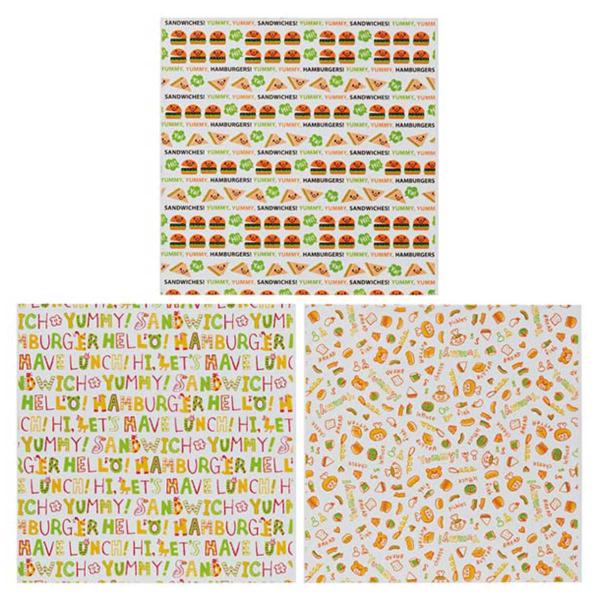 サイズ/約縦30×横30cm重量/約64g内容量/15枚入り（3柄×各5枚）材質/紙生産国/日本製電子レンジ/使用不可オーブン/使用不可●ハンバーガーやサンドイッチなどを包むのに便利なラッピングシートです。●油分や水分が漏れにくいです。●直...