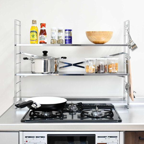 サイズ/外寸：約幅80×奥行20×高さ63cm内寸：約幅77.4cm重量/約4kg内容量/1台付属品：フック4個、脚ゴム材質/本体・フック：スチール、クロムメッキ棚板：ステンレス生産国/日本製棚板1枚あたり耐荷重/8kg組立状態/お客様組立...