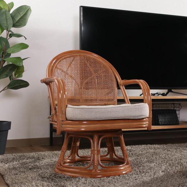 不二貿易（Fuji Boeki） ラタン 回転チェア 座面高33cm クッション付