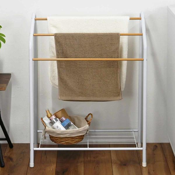 サイズ/約幅60.5×奥行28.5×高さ83cm重量/約1.9kg内容量/1台材質/スチール・粉体塗装生産国/中国製耐荷重/5kg(ハンガーパイプ1本：1kg、下棚：2kg)組立状態/お客様組立品●少量の物干しに便利なタオルスタンドです。●...