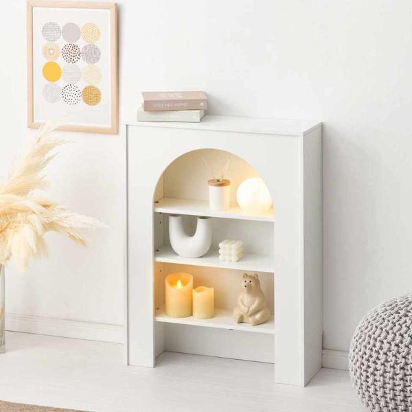 サイズ/約幅60×奥行20×高さ80cm内容量/1台付属品：可動棚2枚材質/合成樹脂化粧繊維板（メラミン樹脂）生産国/中国製天板耐荷重/5kg棚板1枚あたり耐荷重/固定棚：3kg可動棚：2kg組立状態/完成品●アーチ型のデザインが印象的な大...