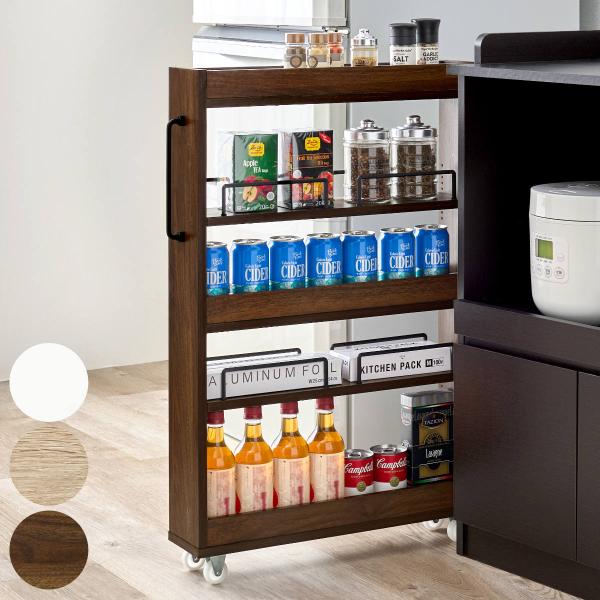 サイズ/約幅12×奥行58×高さ85cm※奥行は取っ手含む内容量/1台付属品：可動棚2枚材質/プリント紙化粧パーティクルボード種類/ブラウン、ナチュラル、ホワイト生産国/マレーシア製キャスター/付き耐荷重/可動棚：10kg固定棚：20kg組...