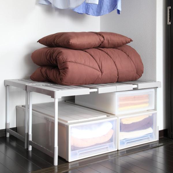 サイズ/最大外寸：約幅76〜93×奥行37×高さ36・38・40・43cm棚下寸法：約幅69〜86×高さ31〜38cm※1台あたりのサイズ重量/約1.5kg内容量/2台入り材質/棚本体・パイプ内ストッパー部品・補強脚部：ポリプロピレンパイプ...