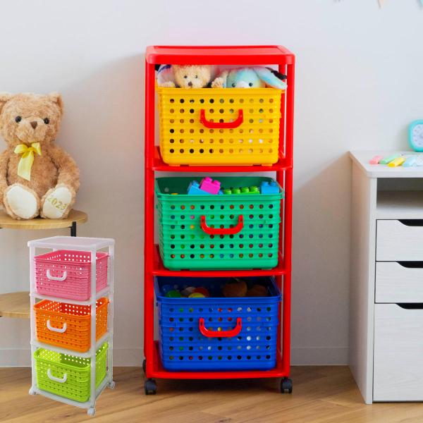 サイズ/約幅44×奥行40×高さ103cmバスケットの内寸：約幅33.2×奥行33.2×高さ23cm内容量/1台材質/ポリプロピレン種類/カラフル、ビタミン生産国/日本製キャスター/付き組立状態/お客様組立品●3色のカラフルなバスケットが、...