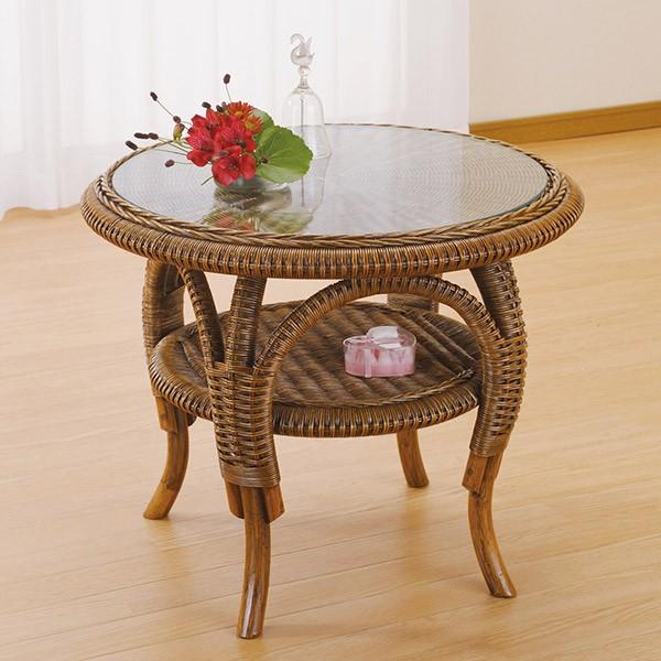 ラタンテーブル 円形 ガラス天板 ローテーブル 棚付 籐家具 直径60cm