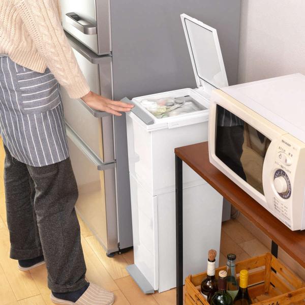 サイズ/約幅26×奥行37×高さ79cmふたを開けた時の高さ：約108cm下段を開けた時の奥行：約50cm容量/約38L上段：20L、下段：18L内容量/1個材質/フタ・上下本体・フレーム・袋止め・キャスター：ポリプロピレンペダル・プッシュ...