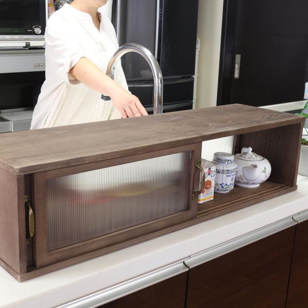 カウンター上収納 アンティーク風 カウンター上収納庫 幅90cm キッチン （ カウンターラック カップボード スパイスラック 卓上ラック ショーケース 引き戸 ）