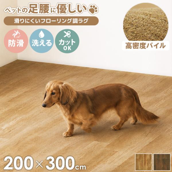 超高密度パイルのフローリング調ラグ 200x300cm フロテックス ペット 犬 猫 老犬 滑りにくい 滑り止め ラグ 洗える 部分洗い可
