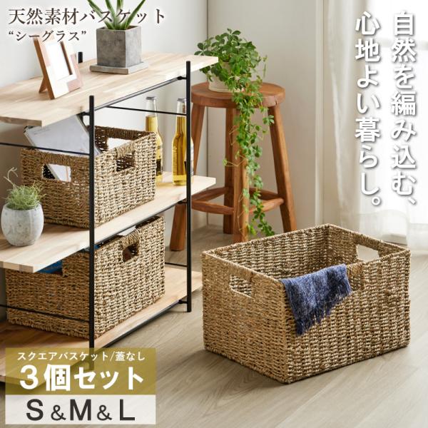 岩附 天然素材 バスケット かご シーグラス 3点セット S/M/L ス クエア