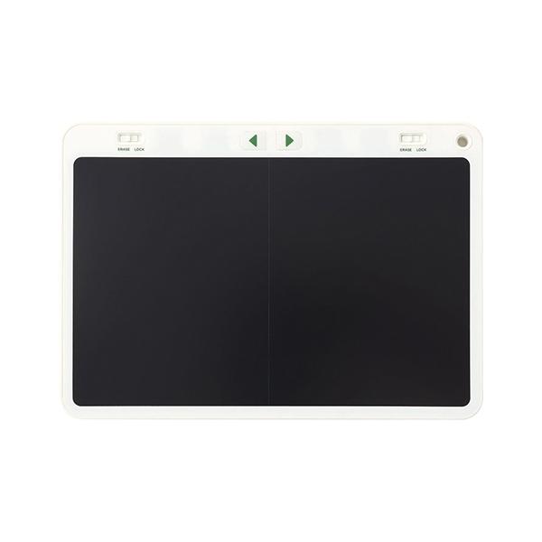 外寸：約縦148×横210×厚10mm重量：約178ｇ画面サイズ：縦123×横196mm電源：リチウムコイン電池（ＣＲ2025）電池寿命：約50000回書き換え可能（2画面合計）スタイラス2本付