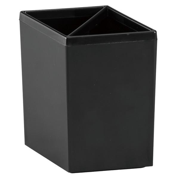 中央に仕切りのついた実用的なペン立て！シールで飾ってオリジナル作品にも！落ち着いたブラックカラーのコンパクトなペン立てです。内側は斜めの仕切りで二つに区切られており、底面には接地面保護のためEVAシートを貼り付けています。商品サイズ：100...