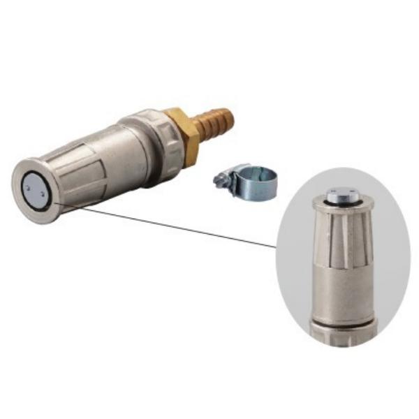 取付には一般蛇口用ホースを使用します。サイズ／Φ4.5×長さ14cm重量／328g材質／アルミニウム合金（アルマイト仕上げ）付属品：取付ベルト付対象ホース：Φ16〜22mm日本製