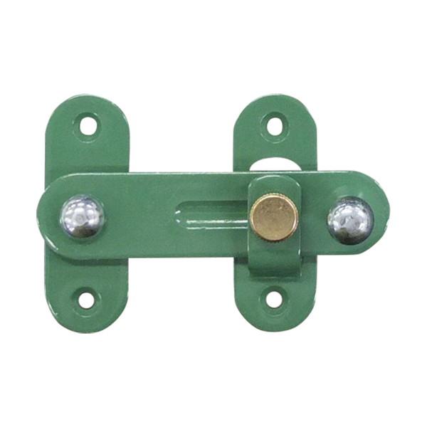 扉などの止め金具に最適！ねじ締付によりしっかり留めることができます。地震など揺れによる食器棚の扉の開放防止に。犬小屋のカギ、トイレなどの内カギに。材質：鉄。仕上げ：グリーン塗装。取付用木ねじ付属。