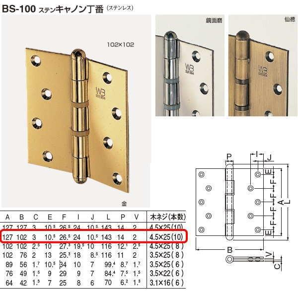 シロクマ ステンキャノン丁番 ステンレス BS-100 127×102×3.0mm
