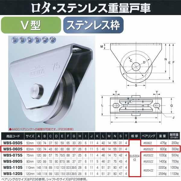 ヨコヅナ ロタ・ステンレス 重量戸車 ステンレス枠 V型 WBS-0605 60mm ヨコヅナ ロタ・ステンレス 重量戸車 ステンレス枠 V型 WBS-0605 60mm