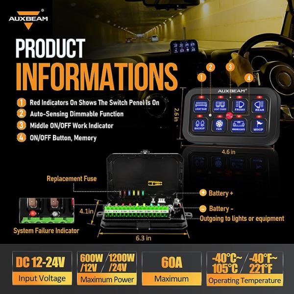 Auxbeam 8�M�����O �X�C�b�`�p�l�� BA80 ���������@�\�t�� LED �^�b�`�R���g���[���p�l���{�b�N�X �d�q�����[�V�X�e�� �J�[�^�b�`�X�C�b�`�{�b�N�X ���j�o�[�T�� ���i�摜4