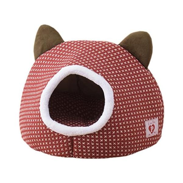 ≪ボンビアルコン (Bonbi) やわらかプチハウス レッド≫お部屋に置いて可愛いプチハウス。仔犬や仔猫が安心してリラックスできる空間をやわらかクッションで。小さめなヒーターなら使用出来るコード穴つき！可愛いネコ耳のふかふかハウス。ハウスの...
