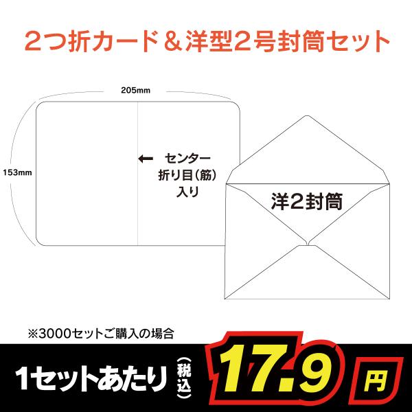 2つ折カードサイズ用紙（無地）＆洋型2号封筒セット100枚〜3000枚です。挨拶状・案内状・招待状・香典返しなどにピッタリです。プロの印刷会社が加工するオリジナル商品です。〇価格表（税込）100枚：4400円400枚：9900円1200枚：...