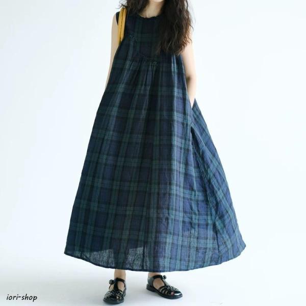 リネンワンピース コットンリネン レディース 夏服 ノースリーブ ベストワンピース チェック柄 フリル ロングワンピース Aラインワンピース 袖なし ポケット付き