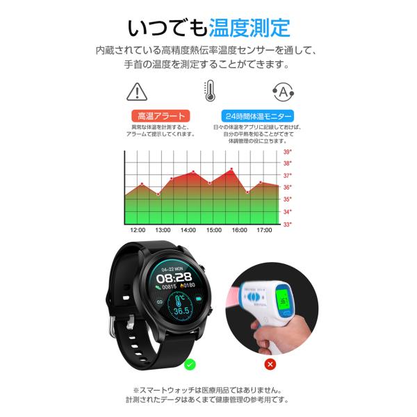 スマートウォッチ 24時間体温測定 血圧 iphone android 対応 日本語 