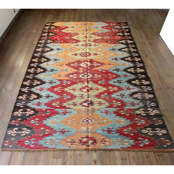 コンヤ　キリム　ラグ オールドキリム コンヤ/ケッレ 赤 水色 オレンジのジグザグ