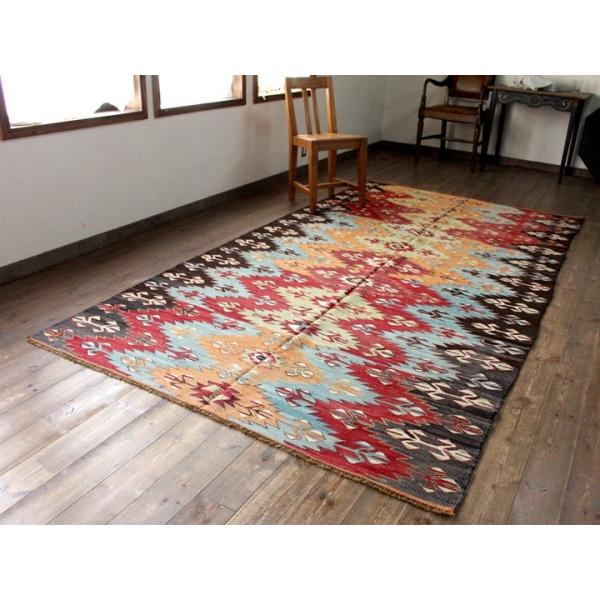 オールドキリム コンヤ/ケッレ 赤 水色 オレンジのジグザグ