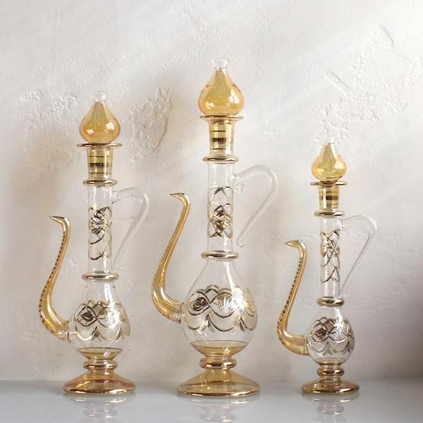 エジプト手吹きガラス デカンタ 水差し 装飾用 3本セットイエロー 化粧箱付 値下げ 置物